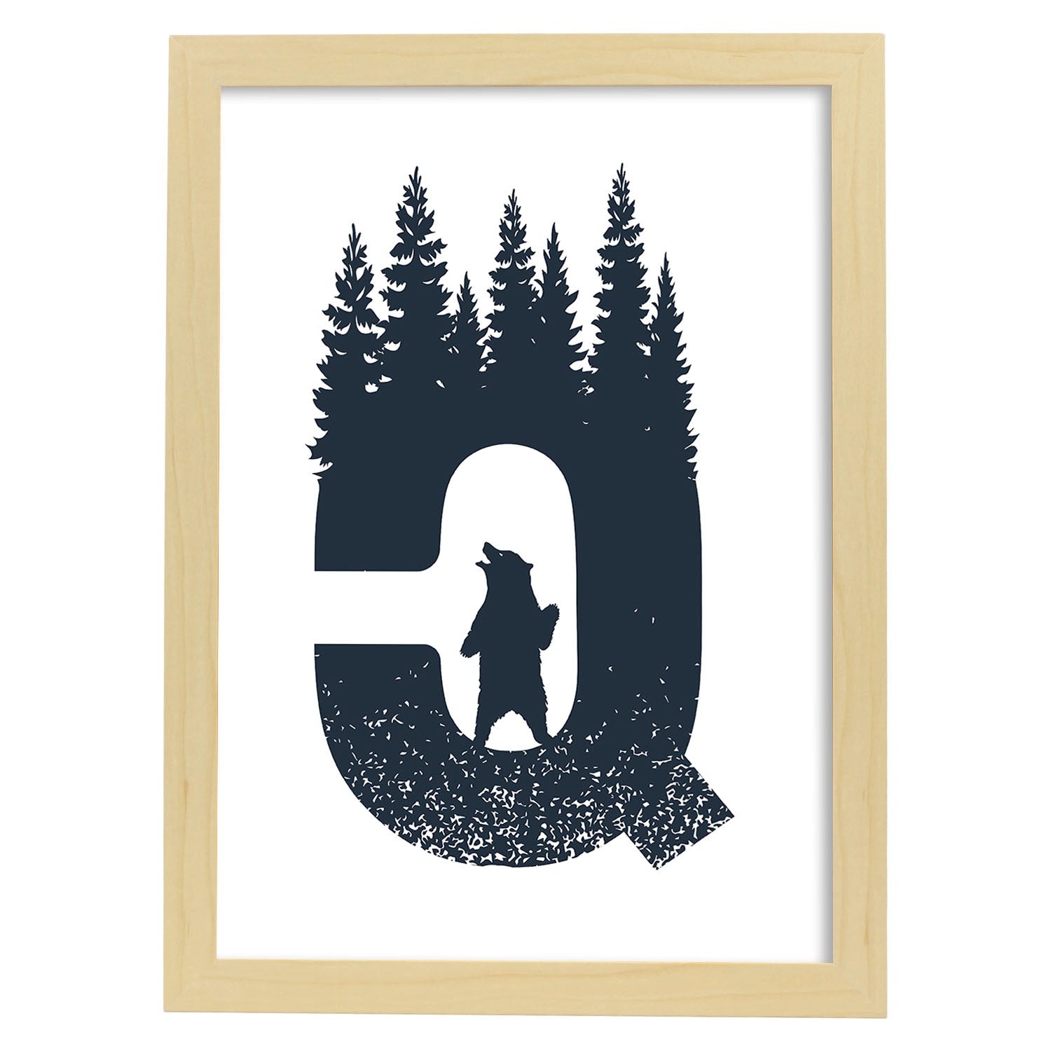 Letra Q con bosque, oso y montañas. Naturaleza.Posters de letras con diseño.-Artwork-Nacnic-A3-Marco Madera clara-Nacnic Estudio SL