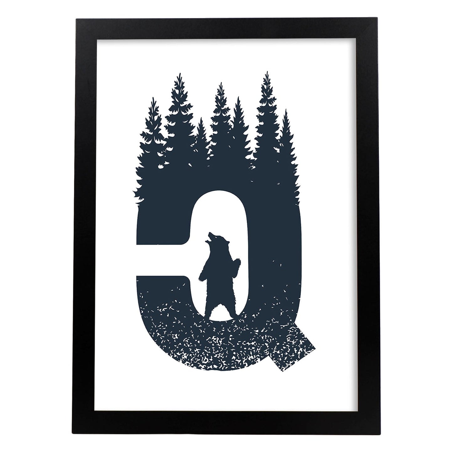 Letra Q con bosque, oso y montañas. Naturaleza.Posters de letras con diseño.-Artwork-Nacnic-A3-Marco Negro-Nacnic Estudio SL