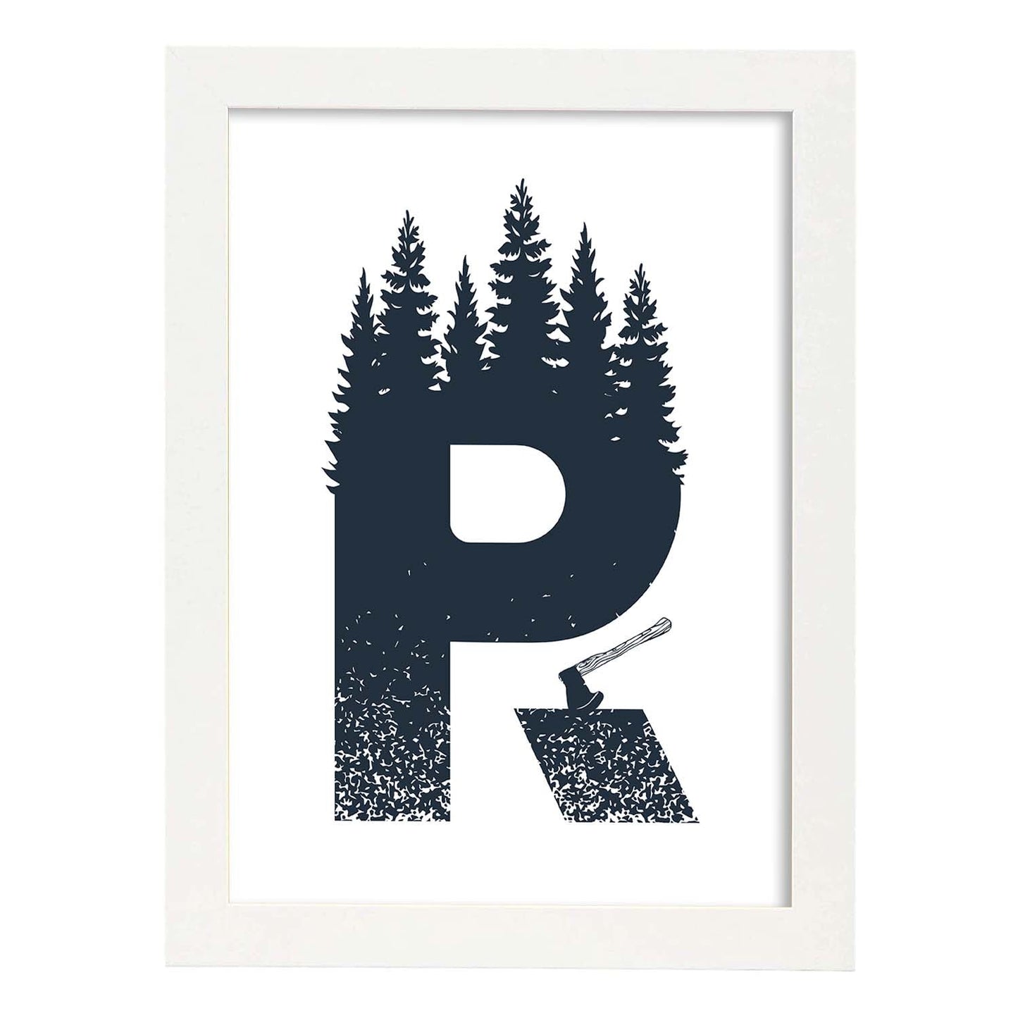Letra R con bosque, hacha y montañas. Naturaleza.Posters de letras con diseño.-Artwork-Nacnic-A3-Marco Blanco-Nacnic Estudio SL