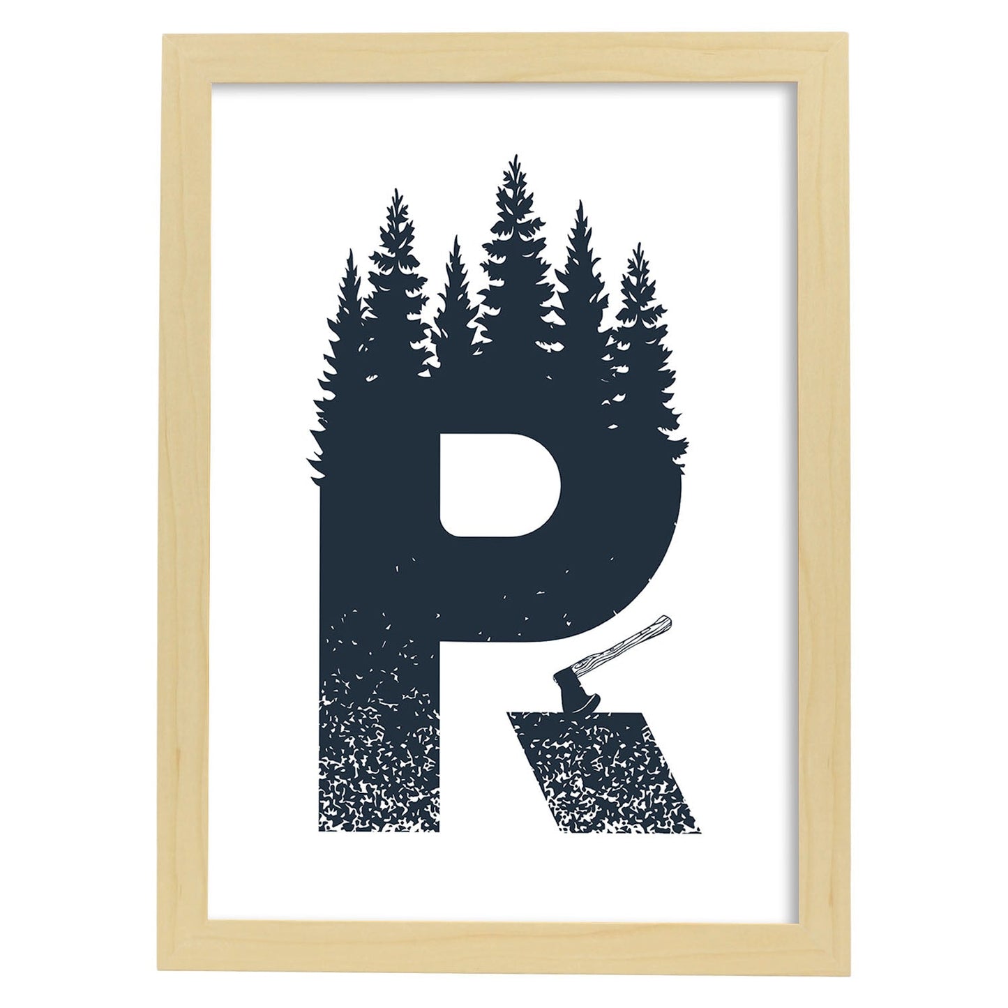 Letra R con bosque, hacha y montañas. Naturaleza.Posters de letras con diseño.-Artwork-Nacnic-A3-Marco Madera clara-Nacnic Estudio SL