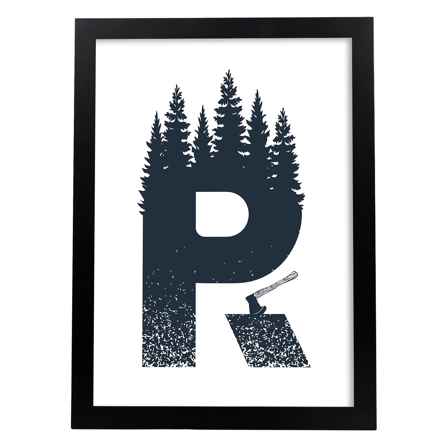 Letra R con bosque, hacha y montañas. Naturaleza.Posters de letras con diseño.-Artwork-Nacnic-A3-Marco Negro-Nacnic Estudio SL