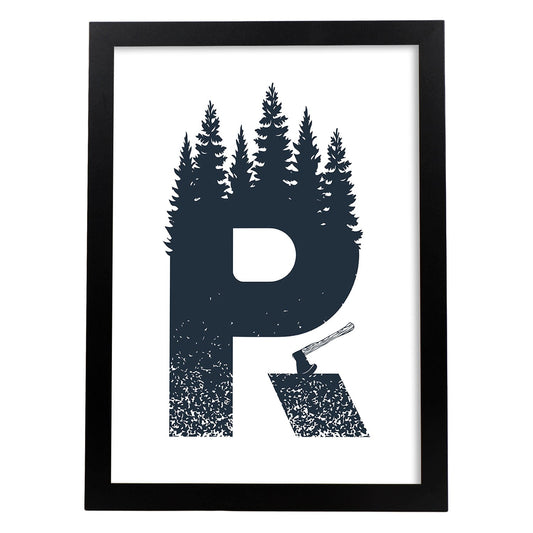Letra R con bosque, hacha y montañas. Naturaleza.Posters de letras con diseño.-Artwork-Nacnic-A4-Marco Negro-Nacnic Estudio SL