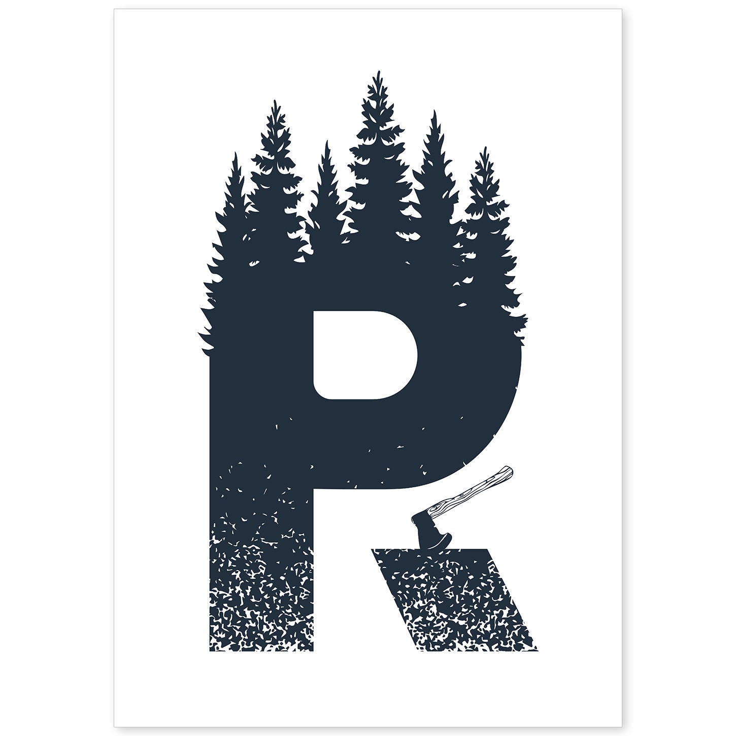 Letra R con bosque, hacha y montañas. Naturaleza.Posters de letras con diseño.-Artwork-Nacnic-A4-Sin marco-Nacnic Estudio SL