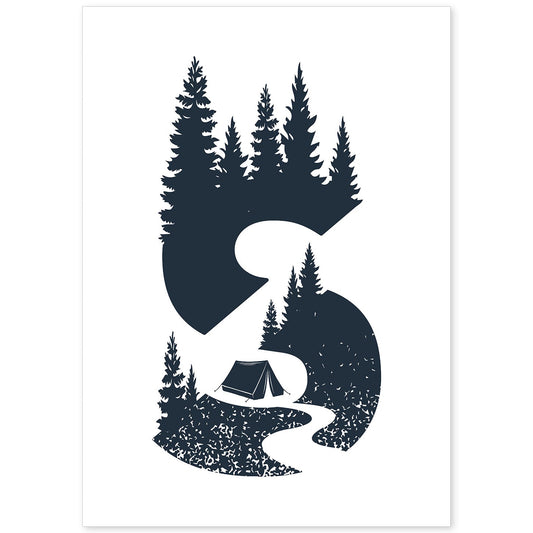Letra S con bosque, sendero y tienda de campaña. Naturaleza.Posters de letras con diseño.-Artwork-Nacnic-A4-Sin marco-Nacnic Estudio SL