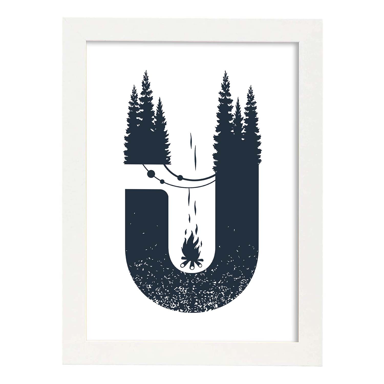 Letra U con bosque, hoguera y camping. Naturaleza.Posters de letras con diseño.-Artwork-Nacnic-A3-Marco Blanco-Nacnic Estudio SL