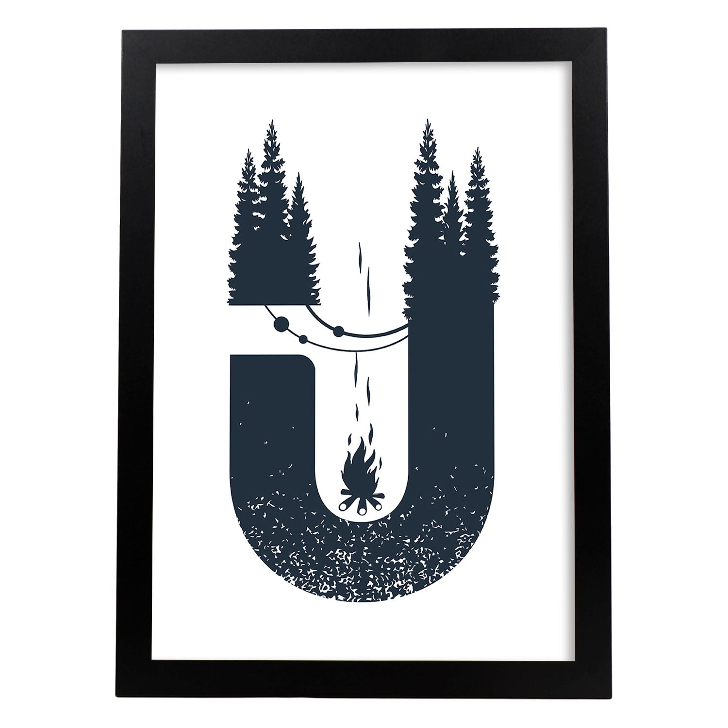 Letra U con bosque, hoguera y camping. Naturaleza.Posters de letras con diseño.-Artwork-Nacnic-A3-Marco Negro-Nacnic Estudio SL