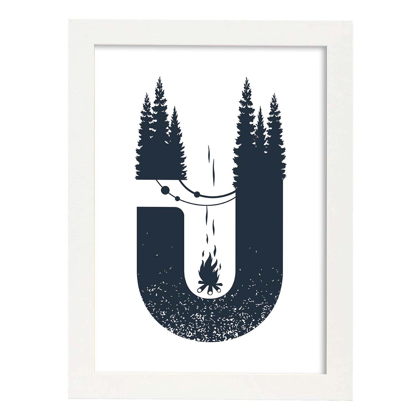 Letra U con bosque, hoguera y camping. Naturaleza.Posters de letras con diseño.-Artwork-Nacnic-A4-Marco Blanco-Nacnic Estudio SL