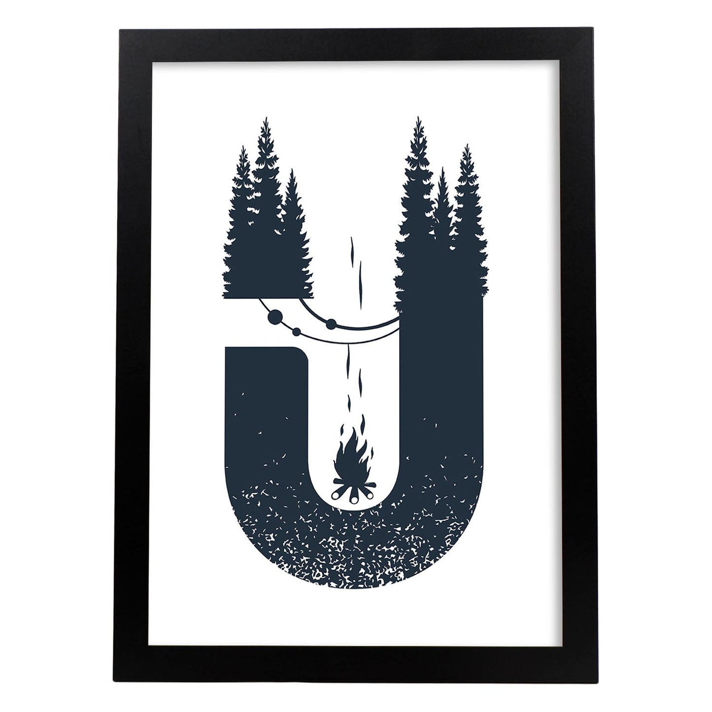 Letra U con bosque, hoguera y camping. Naturaleza.Posters de letras con diseño.-Artwork-Nacnic-A4-Marco Negro-Nacnic Estudio SL