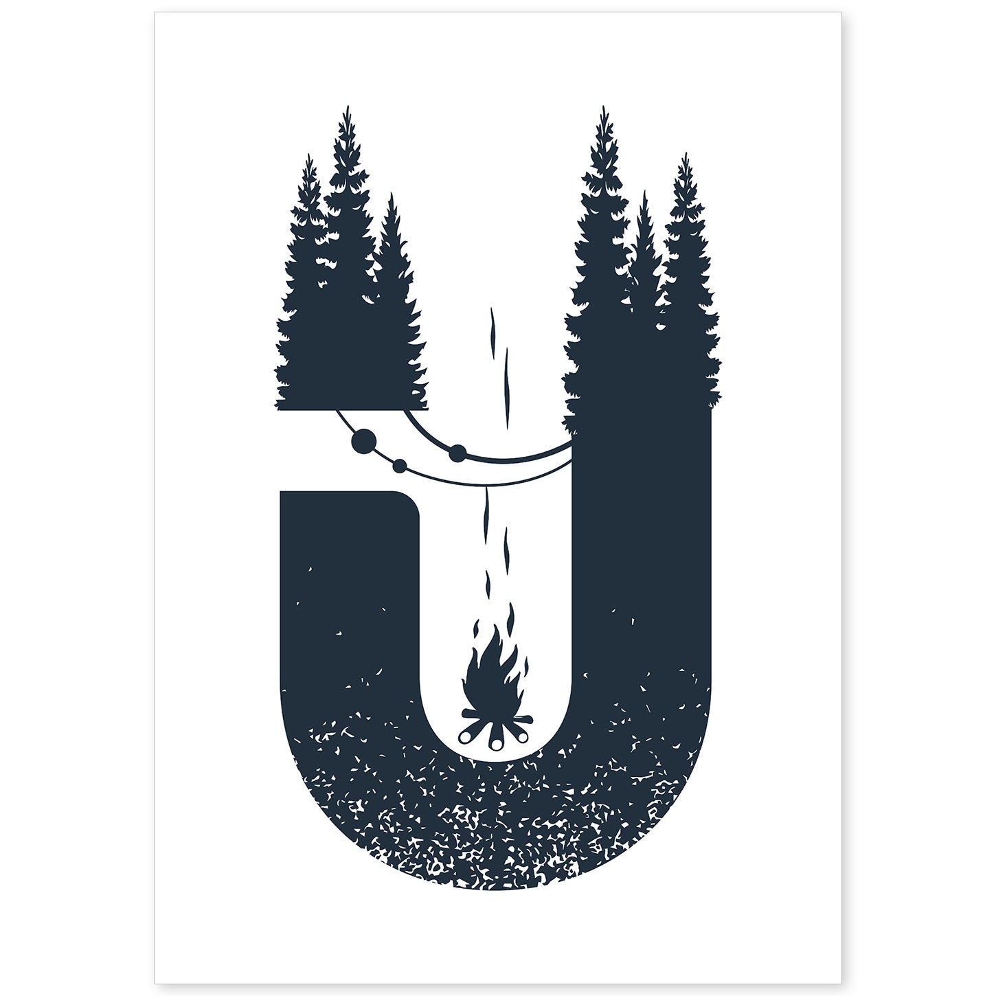 Letra U con bosque, hoguera y camping. Naturaleza.Posters de letras con diseño.-Artwork-Nacnic-A4-Sin marco-Nacnic Estudio SL