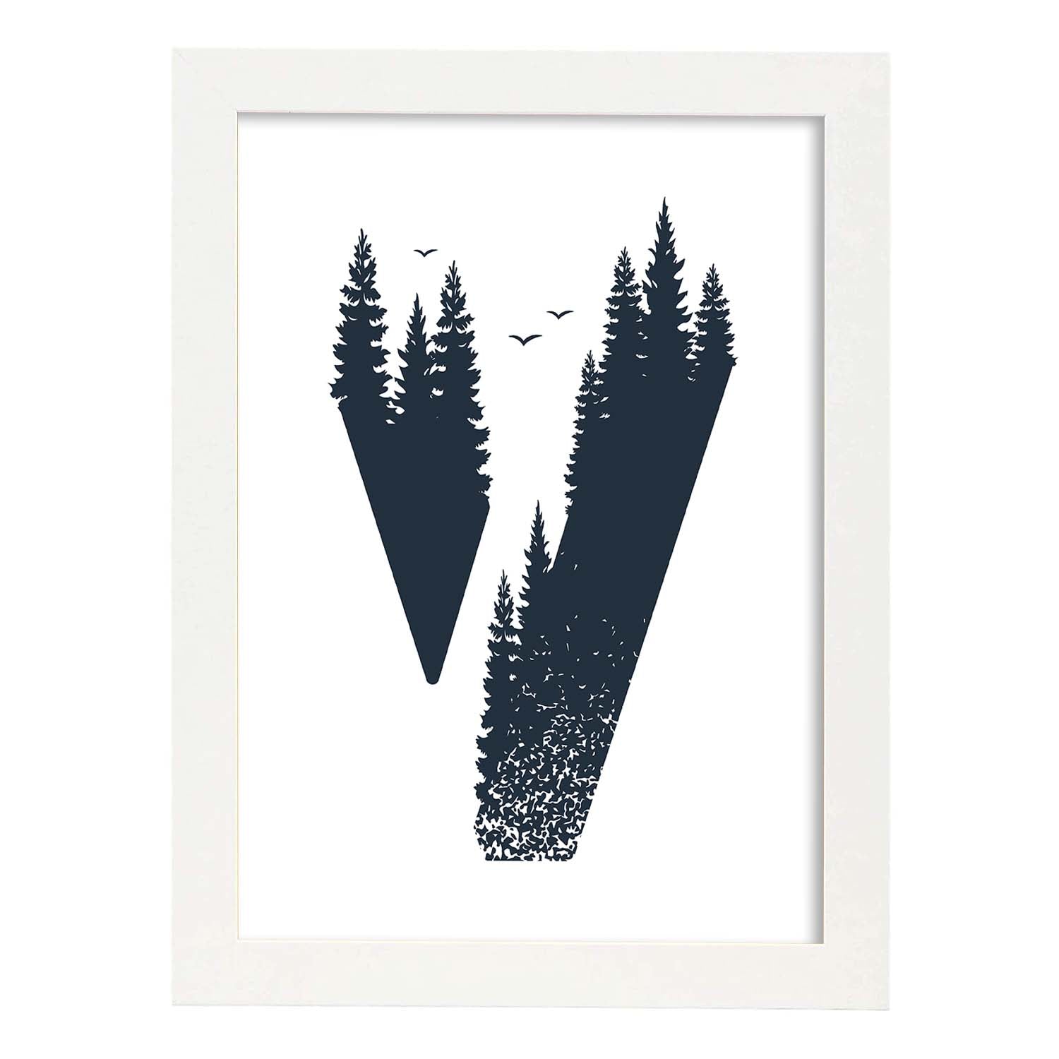 Letra V con bosque y pajaros. Naturaleza.Posters de letras con diseño.-Artwork-Nacnic-A3-Marco Blanco-Nacnic Estudio SL
