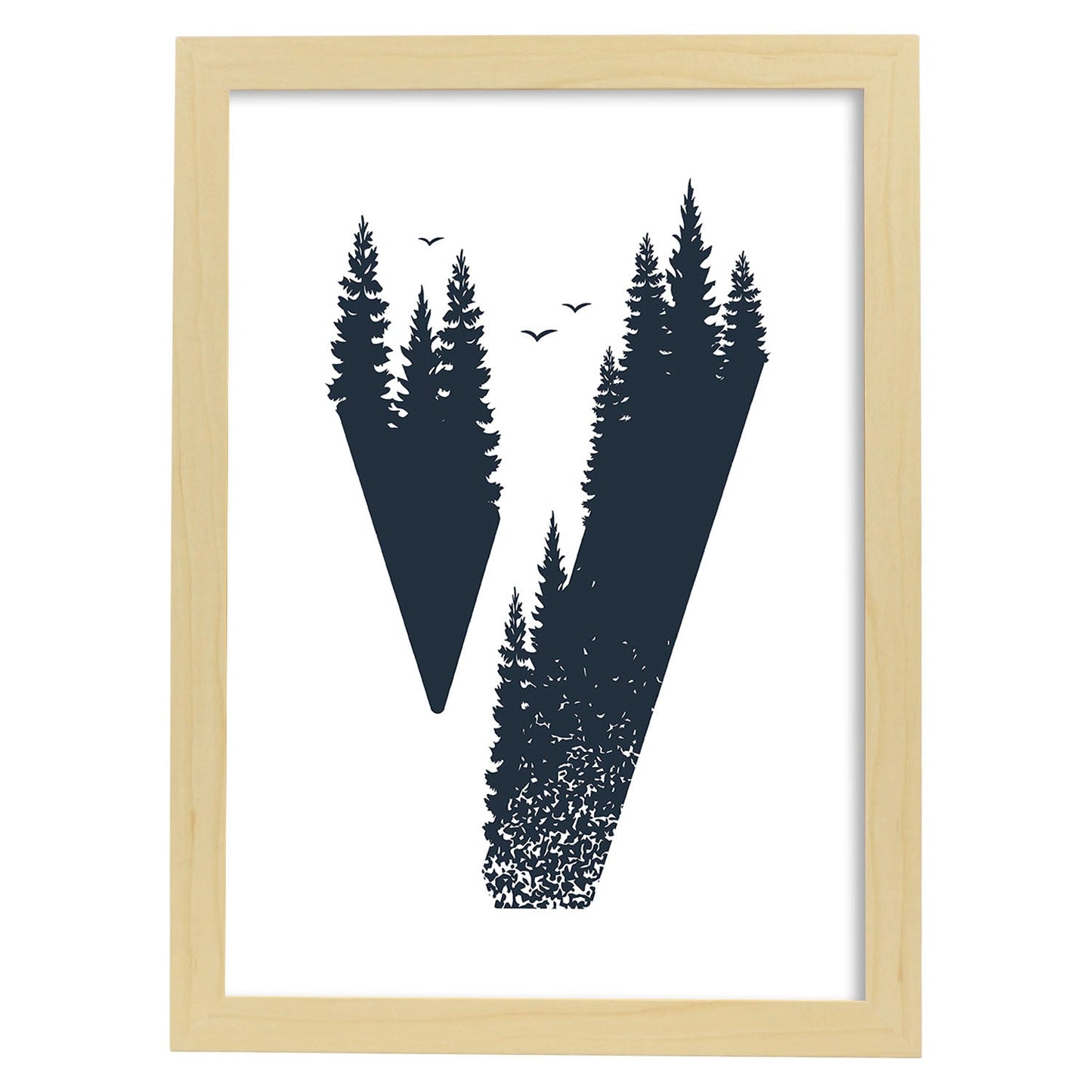 Letra V con bosque y pajaros. Naturaleza.Posters de letras con diseño.-Artwork-Nacnic-A3-Marco Madera clara-Nacnic Estudio SL