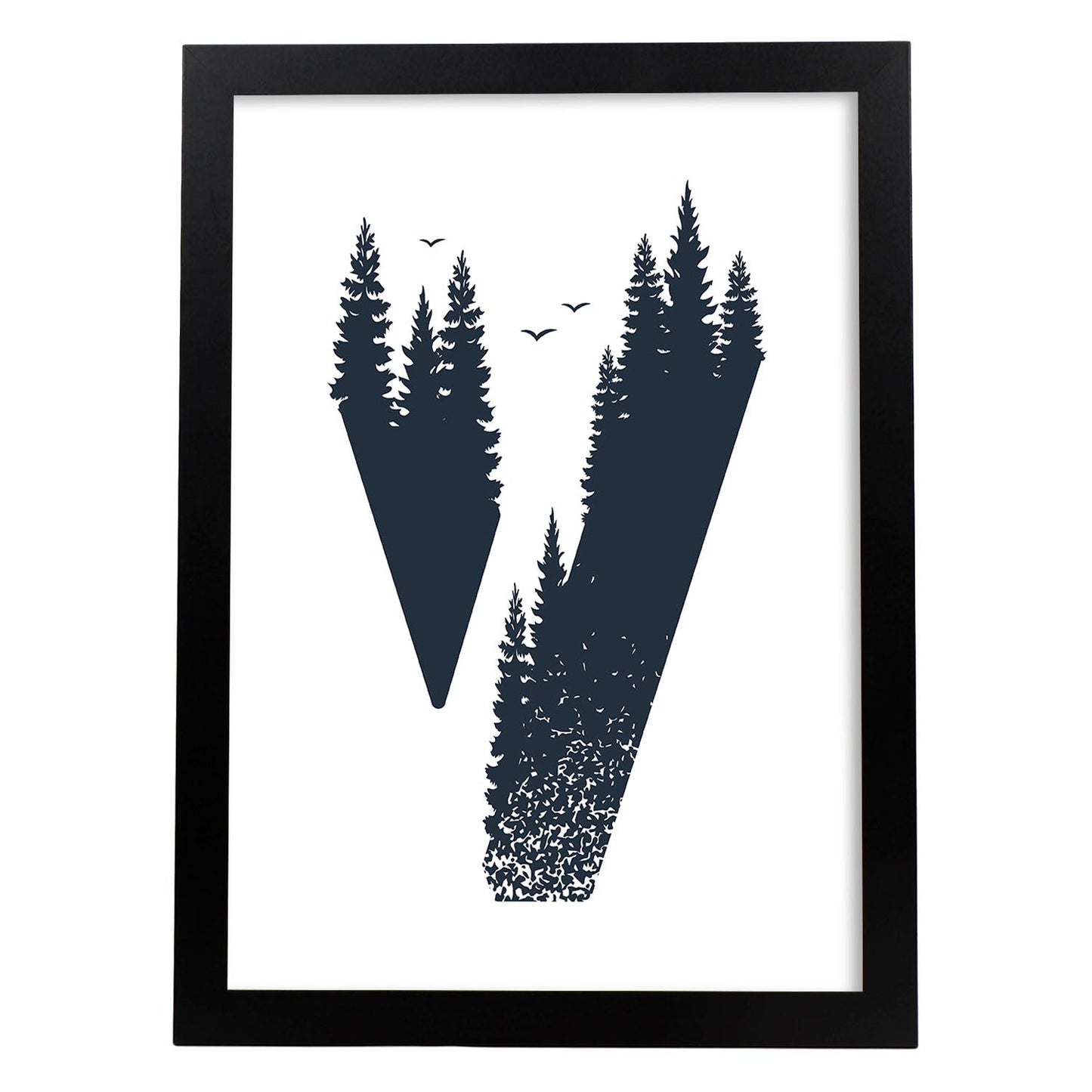 Letra V con bosque y pajaros. Naturaleza.Posters de letras con diseño.-Artwork-Nacnic-A3-Marco Negro-Nacnic Estudio SL