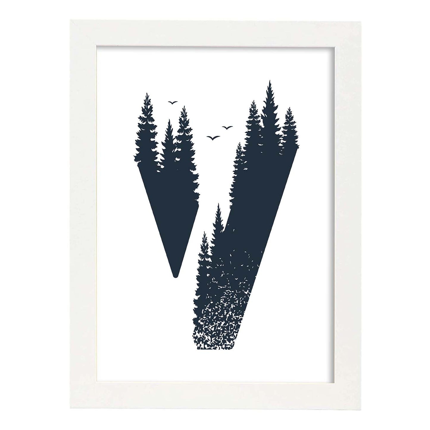 Letra V con bosque y pajaros. Naturaleza.Posters de letras con diseño.-Artwork-Nacnic-A4-Marco Blanco-Nacnic Estudio SL