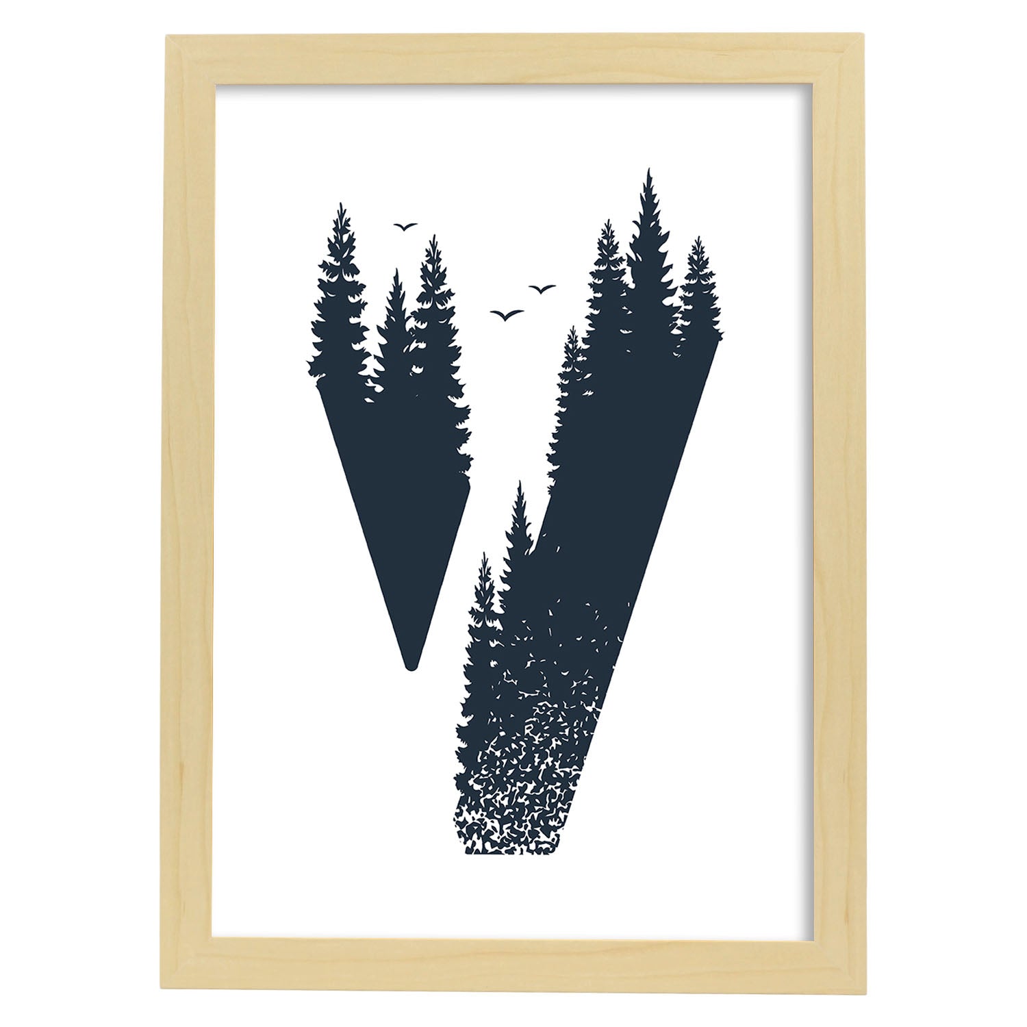 Letra V con bosque y pajaros. Naturaleza.Posters de letras con diseño.-Artwork-Nacnic-A4-Marco Madera clara-Nacnic Estudio SL