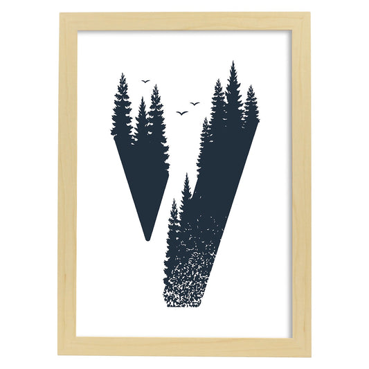 Letra V con bosque y pajaros. Naturaleza.Posters de letras con diseño.-Artwork-Nacnic-A4-Marco Madera clara-Nacnic Estudio SL