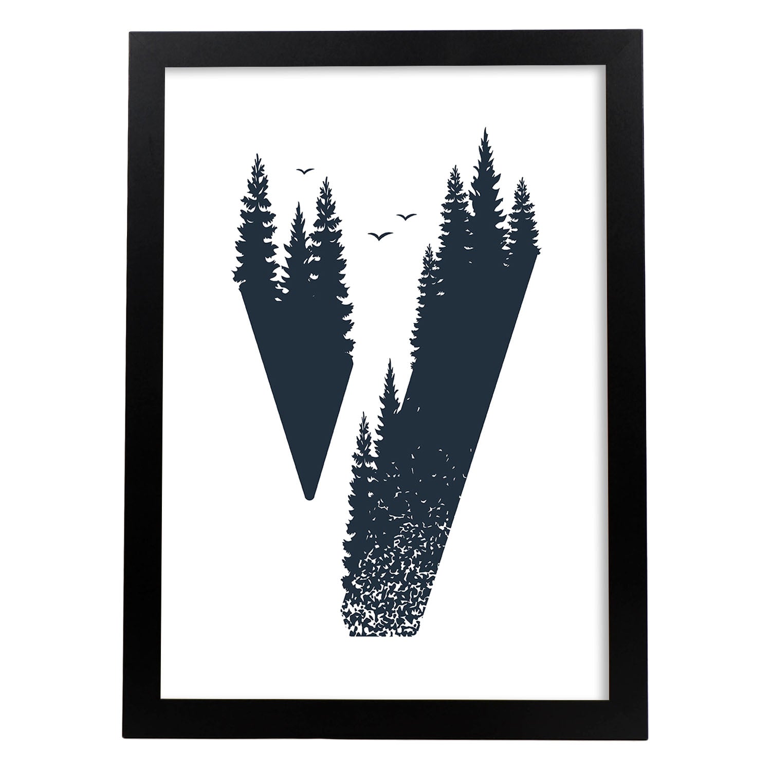 Letra V con bosque y pajaros. Naturaleza.Posters de letras con diseño.-Artwork-Nacnic-A4-Marco Negro-Nacnic Estudio SL