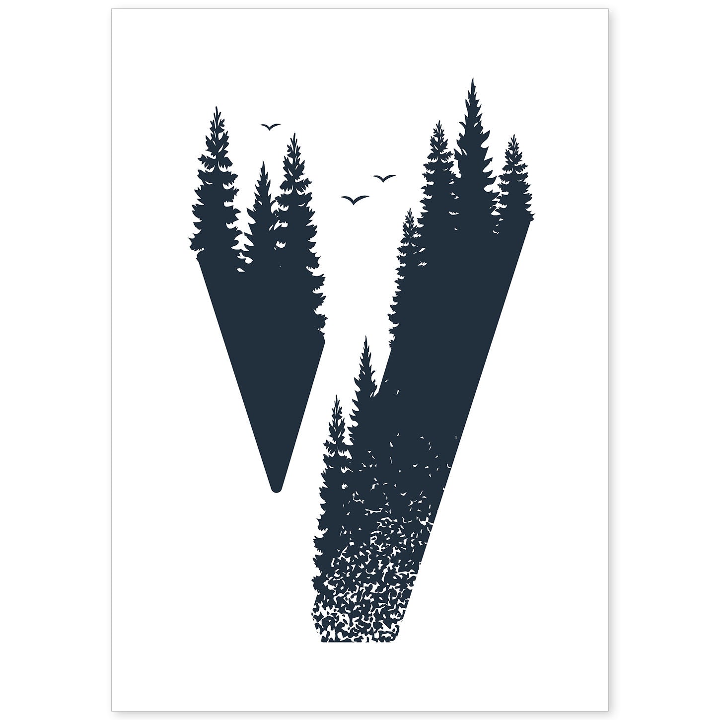 Letra V con bosque y pajaros. Naturaleza.Posters de letras con diseño.-Artwork-Nacnic-A4-Sin marco-Nacnic Estudio SL