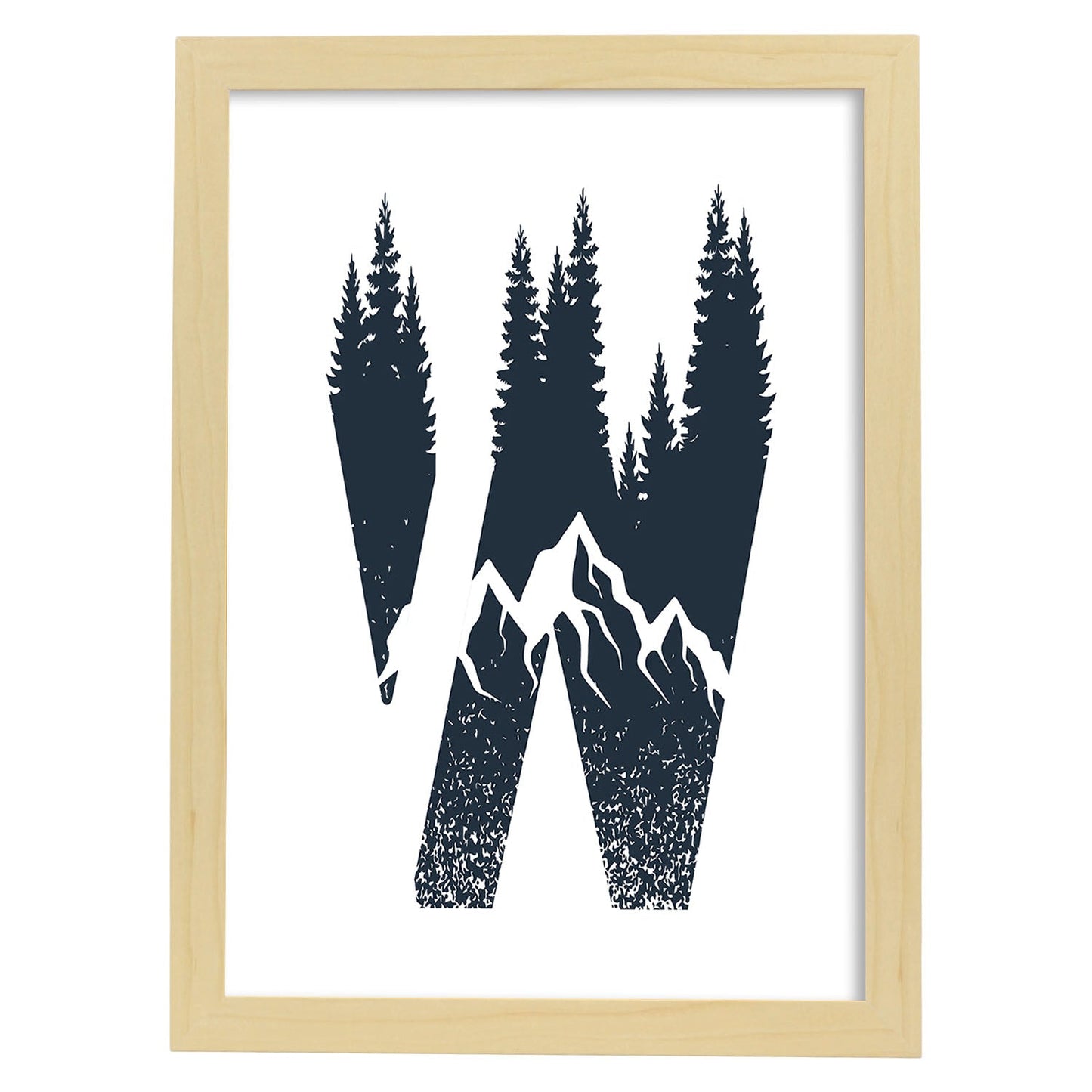 Letra W con bosque y montañas. Naturaleza.Posters de letras con diseño.-Artwork-Nacnic-A3-Marco Madera clara-Nacnic Estudio SL