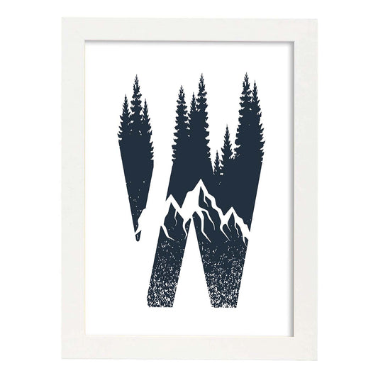 Letra W con bosque y montañas. Naturaleza.Posters de letras con diseño.-Artwork-Nacnic-A4-Marco Blanco-Nacnic Estudio SL