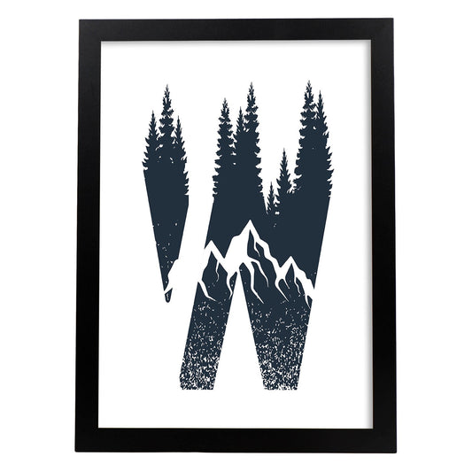 Letra W con bosque y montañas. Naturaleza.Posters de letras con diseño.-Artwork-Nacnic-A4-Marco Negro-Nacnic Estudio SL