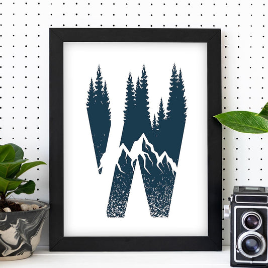Letra W con bosque y montañas. Naturaleza.Posters de letras con diseño.-Artwork-Nacnic-Nacnic Estudio SL