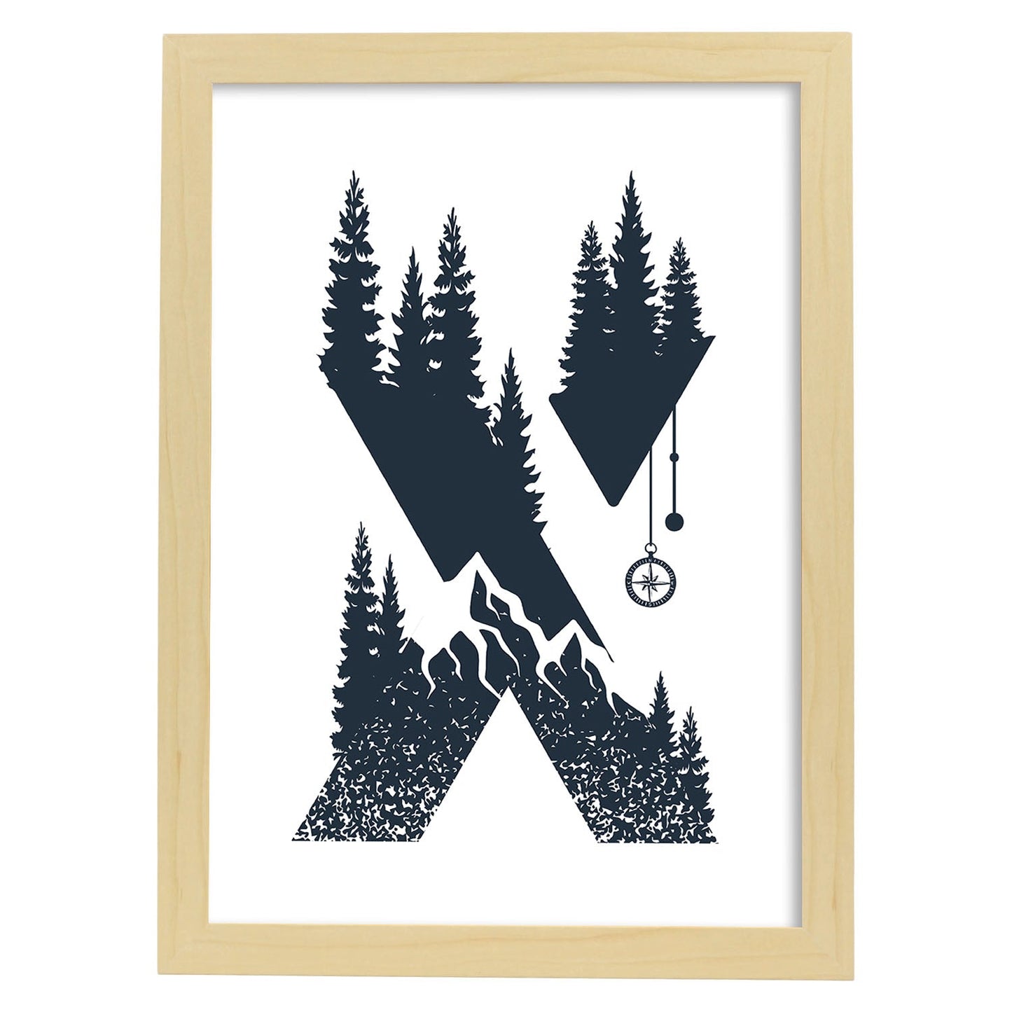 Letra X con bosque y montañas. Naturaleza.Posters de letras con diseño.-Artwork-Nacnic-A3-Marco Madera clara-Nacnic Estudio SL