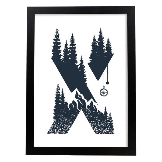 Letra X con bosque y montañas. Naturaleza.Posters de letras con diseño.-Artwork-Nacnic-A4-Marco Negro-Nacnic Estudio SL