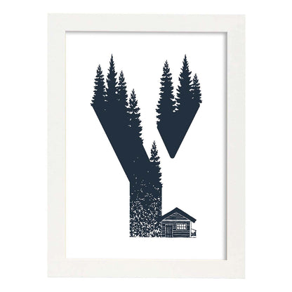 Letra Y con bosque y cabaña. Naturaleza.Posters de letras con diseño.-Artwork-Nacnic-A4-Marco Blanco-Nacnic Estudio SL