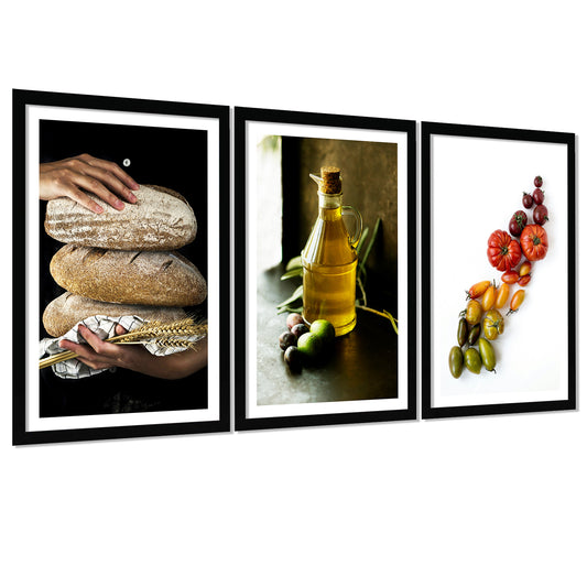 Set de 3 Cuadros de Cocina Mediterránea, Pan, Aceite de Oliva, Verduras Ilustración impresa en estilo Fotográfico para decorar Cocina, Despensa, Comedor, Restaurante, Cafetería