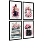 Set de 4 Pósteres de Maquillaje y Cosmética Impresión Belleza Flores, Bolso, Perfume, Lápiz Labial ilustración para decorar las paredes del Inodoro, Tocador, Baño, Vestidor, Salón