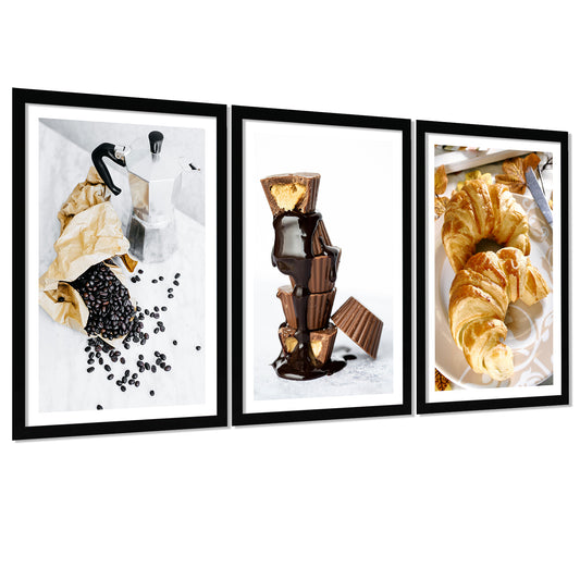 Set de 3 Cuadros Desayuno Mañana Café, Muffins, Croissant Ilustración impresa en estilo Fotográfico para decorar las paredes de Cocina, Despensa, Comedor, Restaurante
