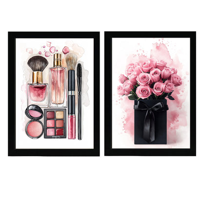 Set de 2 Cuadros de Maquillaje y Cosmética con Flores Rosas, Ilustración impresa para decorar las paredes del WC, Tocador, Baño, Vestidor, Salón