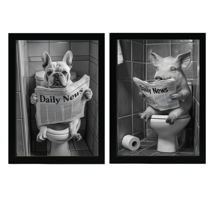 Set de 2 Cuadros de Animales con Periódico en el WC, Perro, Cerdo, Blanco y Negro con Ilustración Impresa en Estilo B/N para Decorar las Paredes del WC, Cuarto de Baño, Aseo, WC