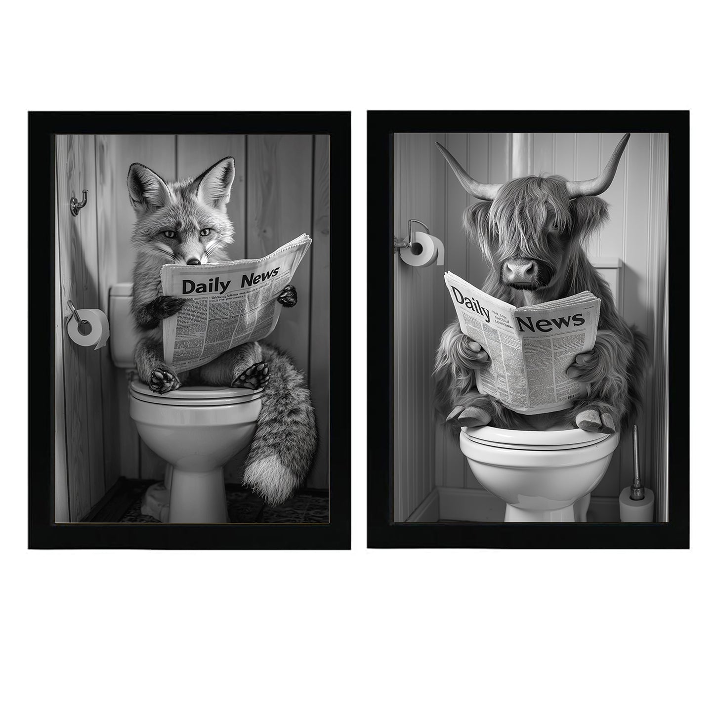 Set de 2 Cuadros de Animales con Periódico En el Inodoro, Toro, Zorro, Blanco y Negro con Ilustración Impresa en Estilo B/N para Decorar las Paredes del Inodoro, Baño, Lavabo, WC