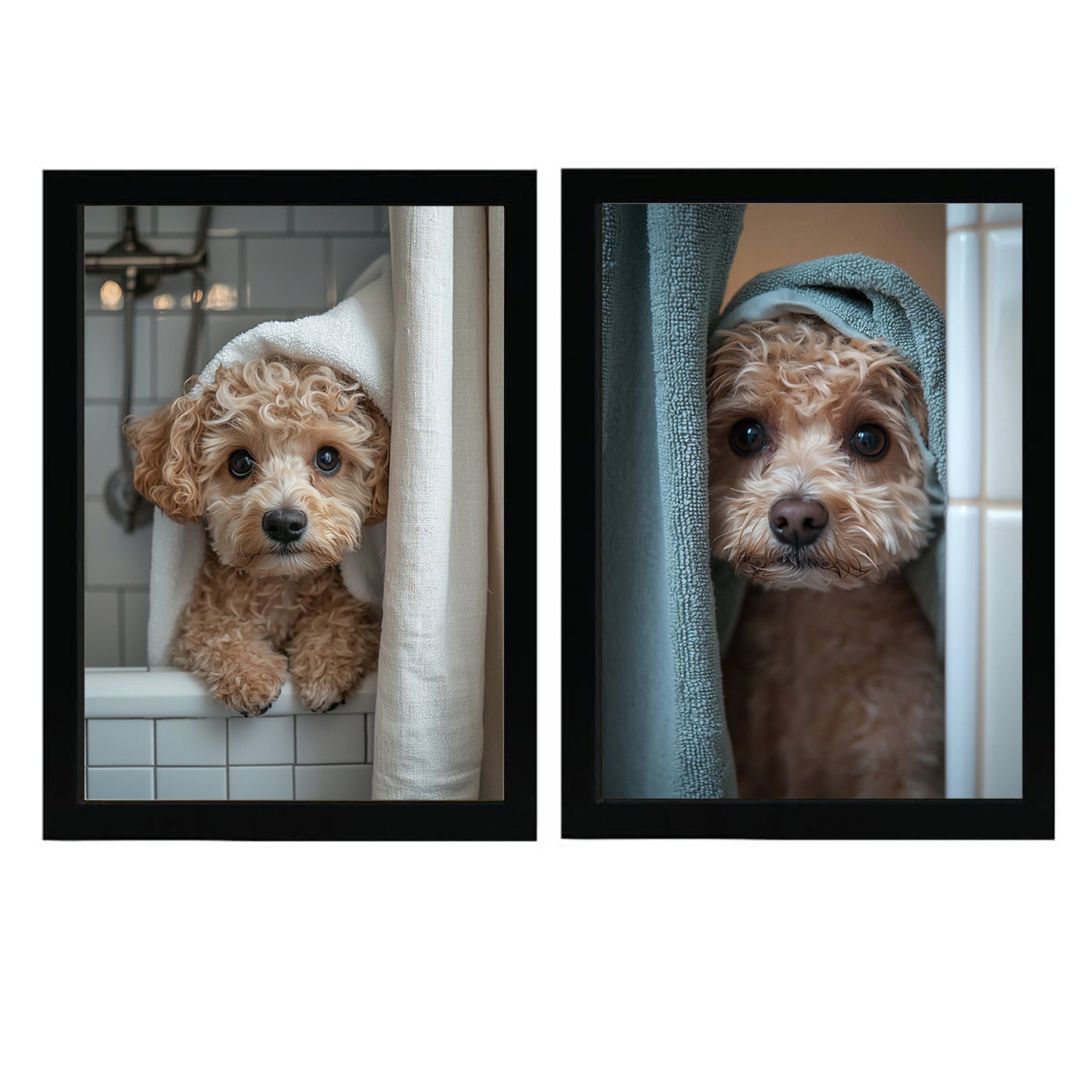 Set de 2 Cuadros Coloridos de Perro en la Ducha, Ilustración de Baño de Cachorros en Estilo Fotográfico, Lindos Animales para Decorar, Arte de Pared para Inodoro, Ducha, Baño, WC