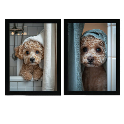 Set de 2 Cuadros Coloridos de Perro en la Ducha, Ilustración de Baño de Cachorros en Estilo Fotográfico, Lindos Animales para Decorar, Arte de Pared para Inodoro, Ducha, Baño, WC