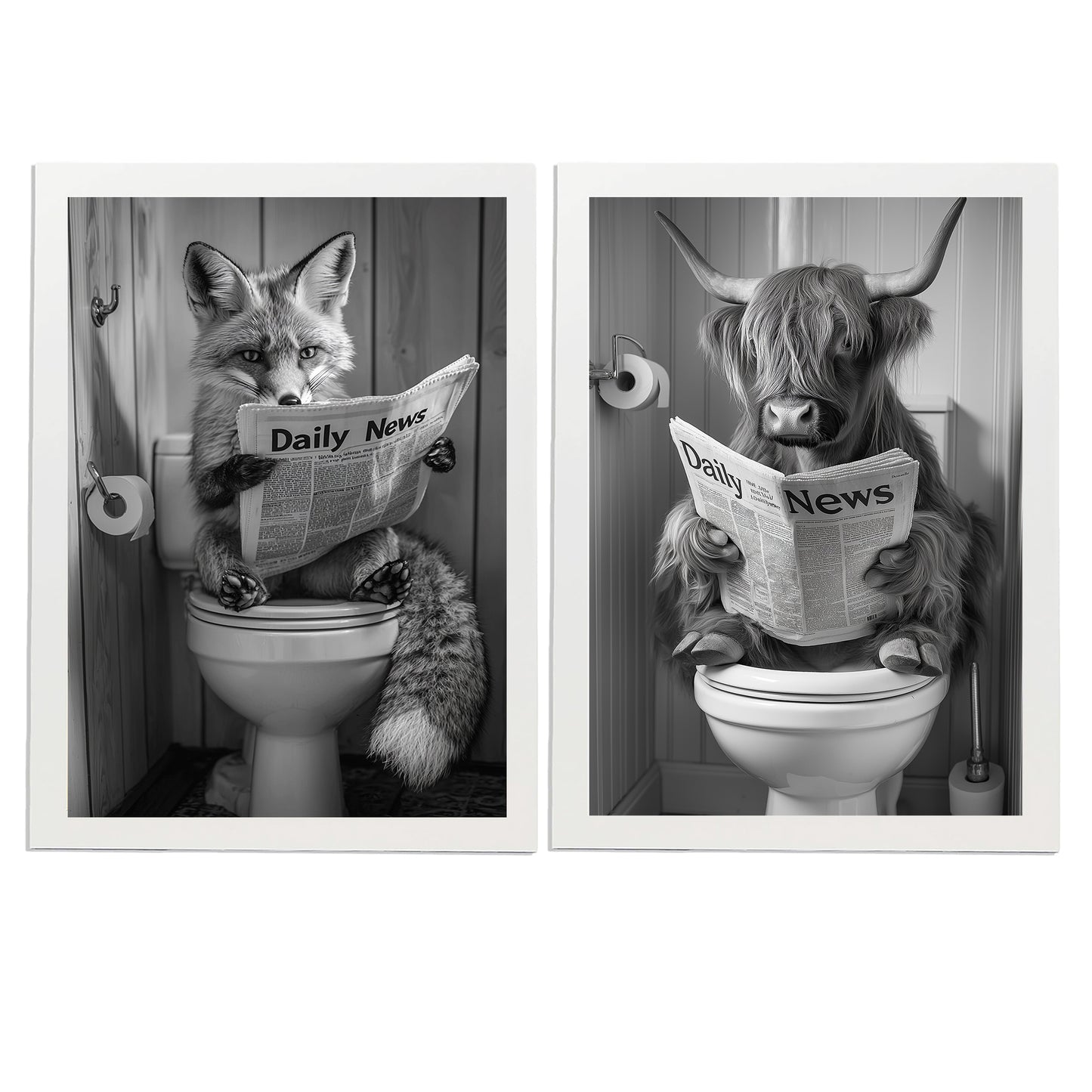 Set de 2 Cuadros de Animales con Periódico En el Inodoro, Toro, Zorro, Blanco y Negro con Ilustración Impresa en Estilo B/N para Decorar las Paredes del Inodoro, Baño, Lavabo, WC