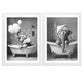 Set de 2 Cuadros Elefante en la Bañera con Simpáticos Animales en Blanco y Negro Ilustración impresa para decorar las paredes del Inodoro, Ducha, Cuarto de baño, Aseo, WC
