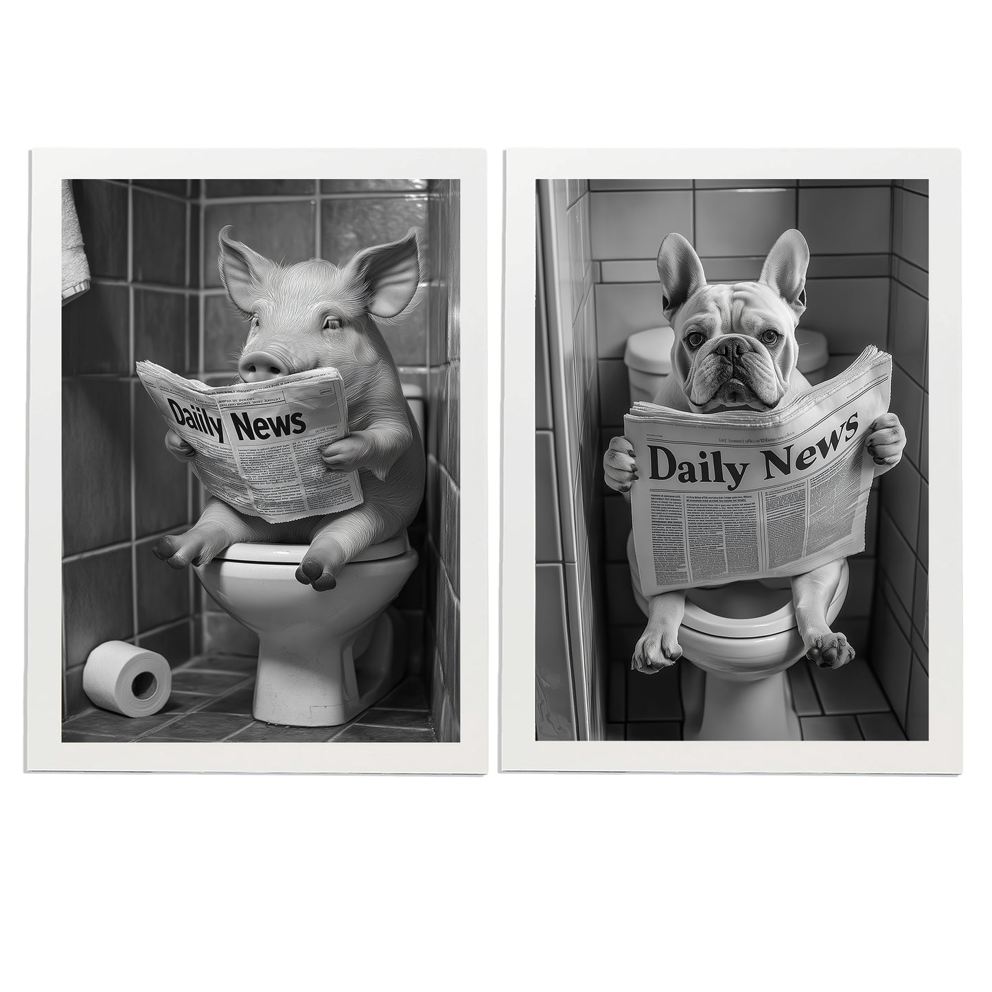 Set de 2 Cuadros de Animales con Periódico en el WC, Perro, Cerdo, Blanco y Negro con Ilustración Impresa en Estilo B/N para Decorar las Paredes del WC, Cuarto de Baño, Aseo, WC