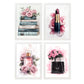 Set de 4 Pósteres de Maquillaje y Cosmética Impresión Belleza Flores, Bolso, Perfume, Lápiz Labial ilustración para decorar las paredes del Inodoro, Tocador, Baño, Vestidor, Salón