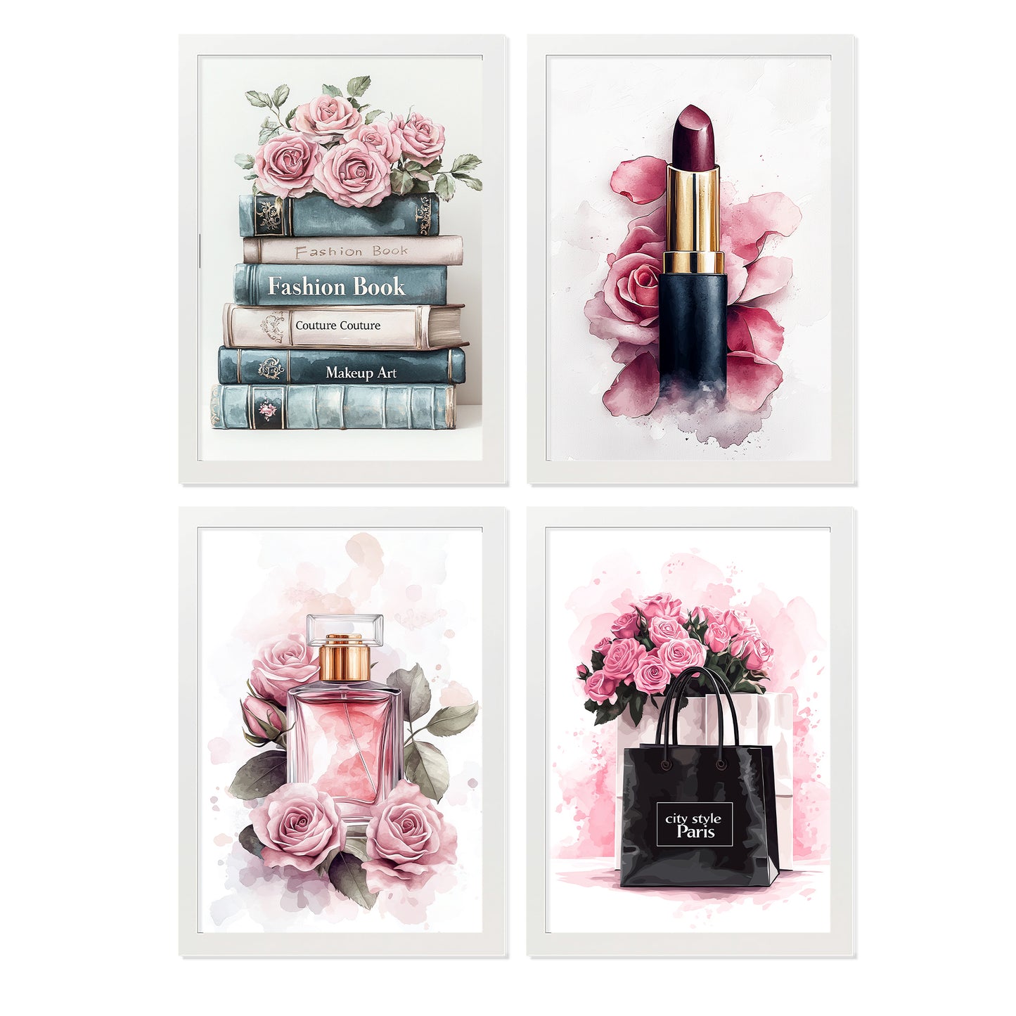 Set de 4 Pósteres de Maquillaje y Cosmética Impresión Belleza Flores, Bolso, Perfume, Lápiz Labial ilustración para decorar las paredes del Inodoro, Tocador, Baño, Vestidor, Salón
