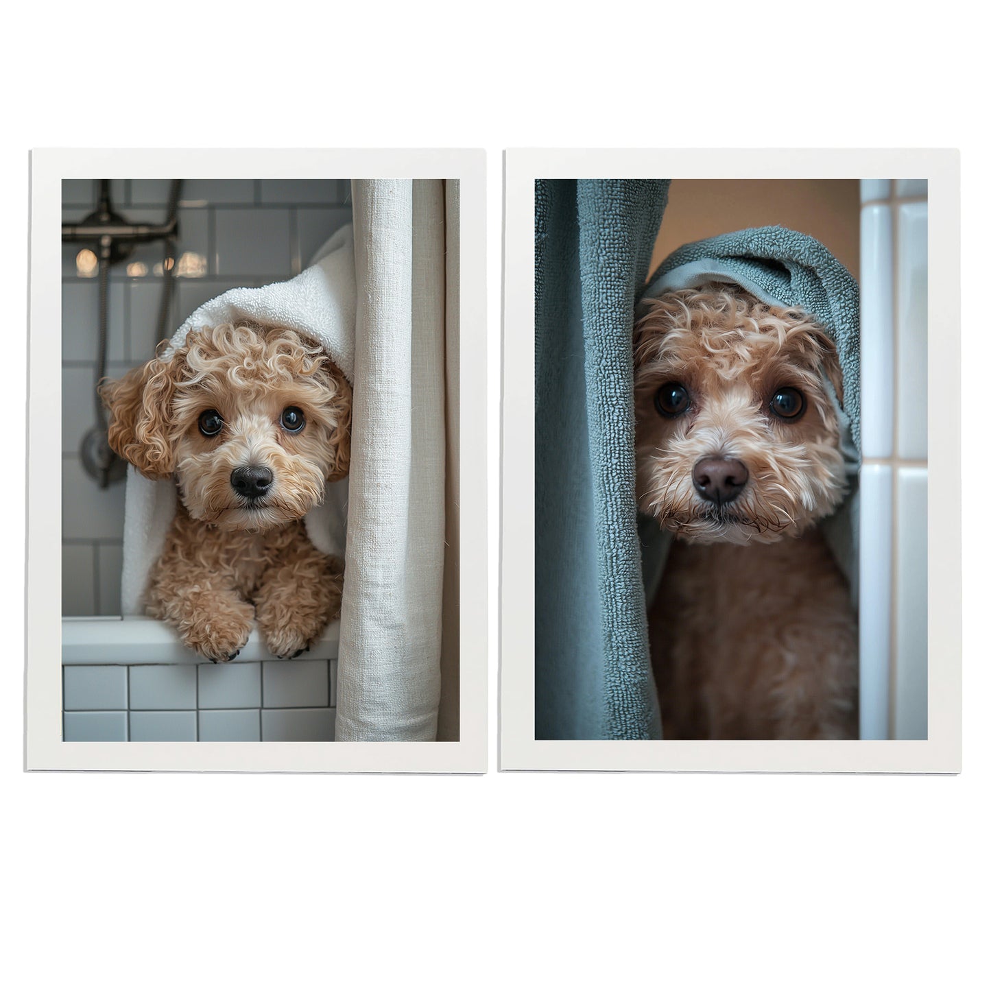 Set de 2 Cuadros Coloridos de Perro en la Ducha, Ilustración de Baño de Cachorros en Estilo Fotográfico, Lindos Animales para Decorar, Arte de Pared para Inodoro, Ducha, Baño, WC