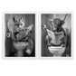 Set de 2 Cuadros de Animales con Periódico En el Inodoro, Toro, Zorro, Blanco y Negro con Ilustración Impresa en Estilo B/N para Decorar las Paredes del Inodoro, Baño, Lavabo, WC