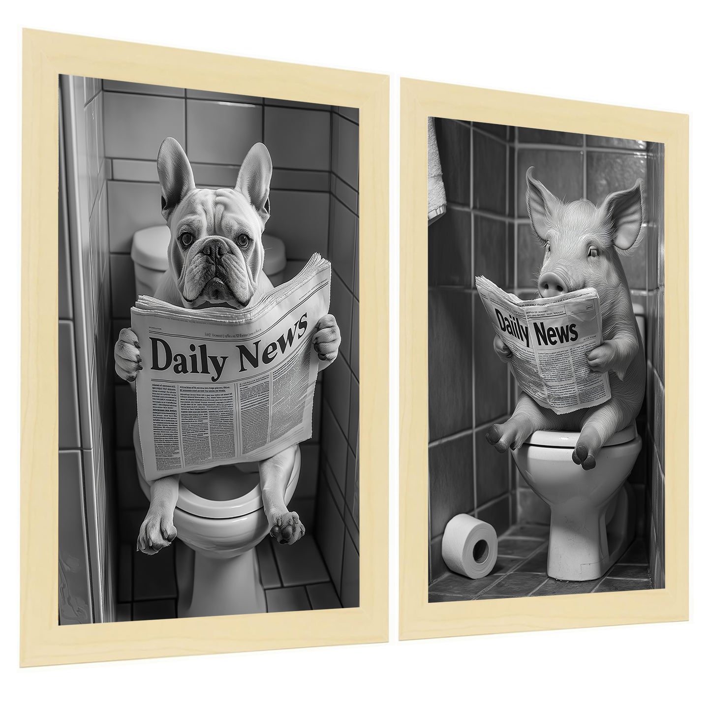 Set de 2 Cuadros de Animales con Periódico en el WC, Perro, Cerdo, Blanco y Negro con Ilustración Impresa en Estilo B/N para Decorar las Paredes del WC, Cuarto de Baño, Aseo, WC
