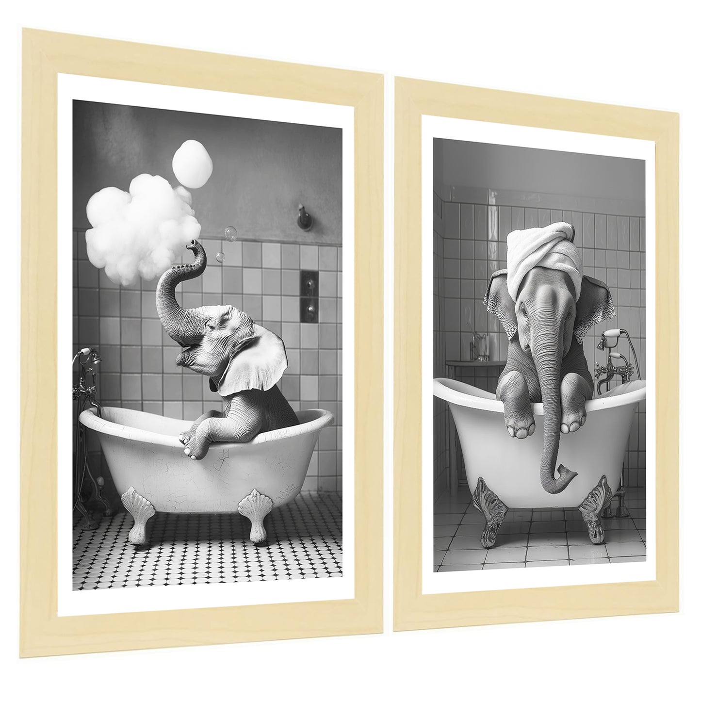 Set de 2 Cuadros Elefante en la Bañera con Simpáticos Animales en Blanco y Negro Ilustración impresa para decorar las paredes del Inodoro, Ducha, Cuarto de baño, Aseo, WC