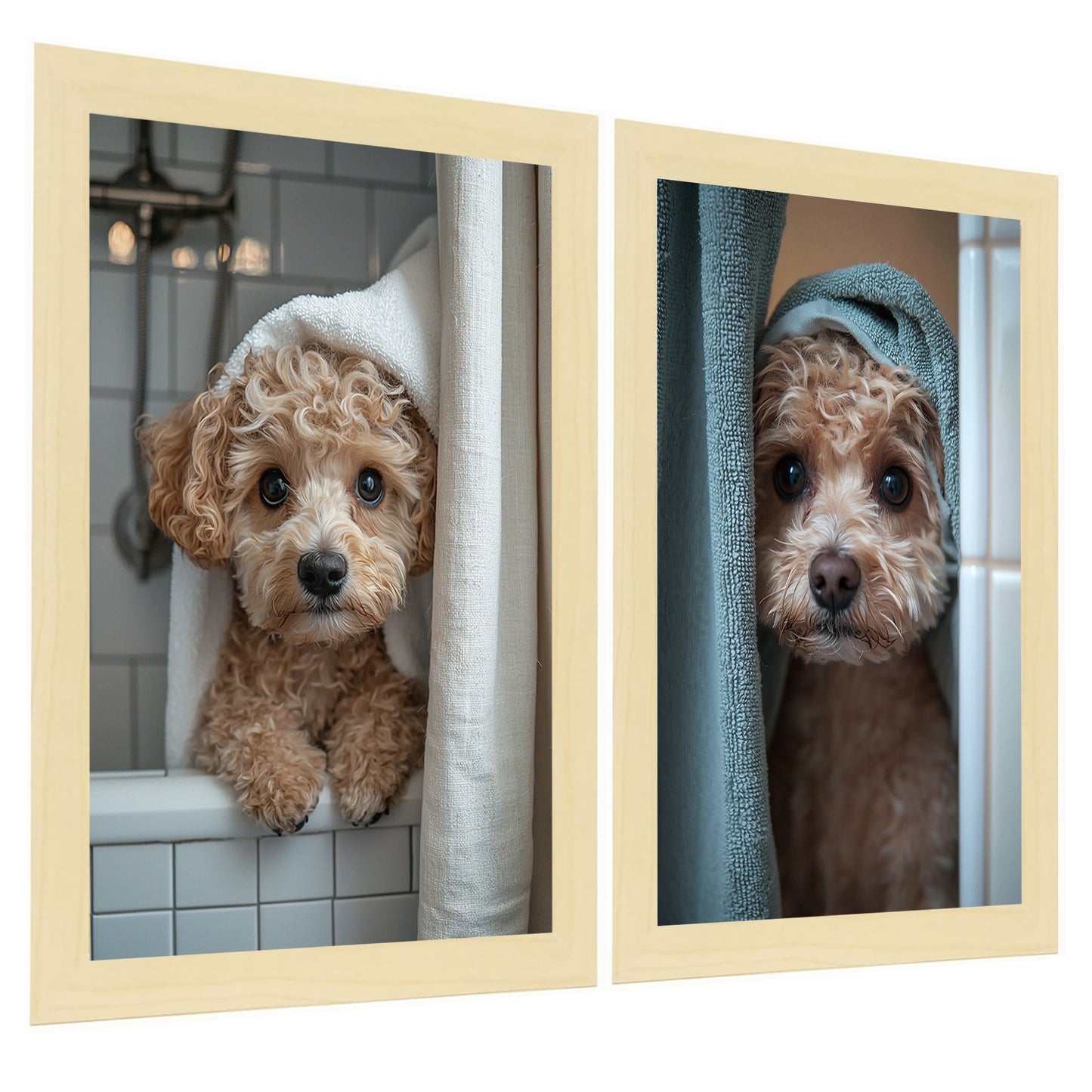 Set de 2 Cuadros Coloridos de Perro en la Ducha, Ilustración de Baño de Cachorros en Estilo Fotográfico, Lindos Animales para Decorar, Arte de Pared para Inodoro, Ducha, Baño, WC