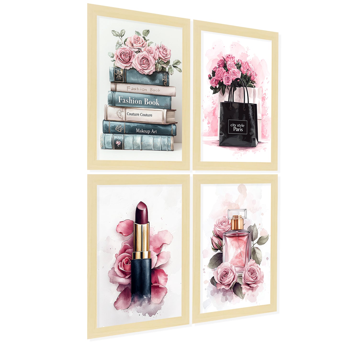 Set de 4 Pósteres de Maquillaje y Cosmética Impresión Belleza Flores, Bolso, Perfume, Lápiz Labial ilustración para decorar las paredes del Inodoro, Tocador, Baño, Vestidor, Salón