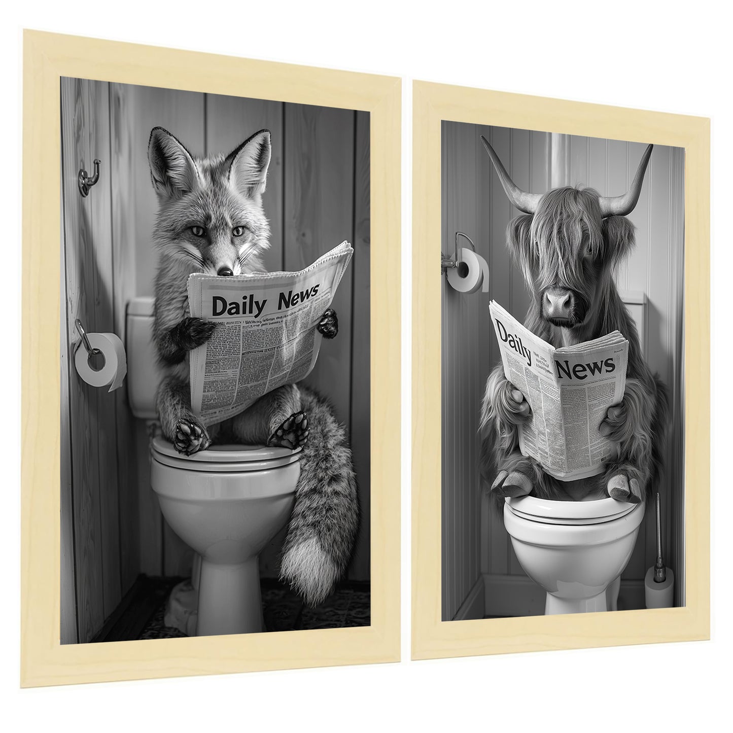 Set de 2 Cuadros de Animales con Periódico En el Inodoro, Toro, Zorro, Blanco y Negro con Ilustración Impresa en Estilo B/N para Decorar las Paredes del Inodoro, Baño, Lavabo, WC