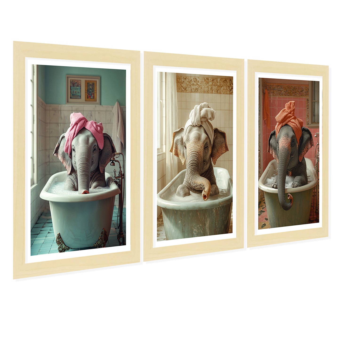 Set de 3 Cuadros de Bebé Elefante Bañandose con Lindos Animales Coloridos, Ilustración para Decorar, Wallart para Inodoro, Ducha, Baño, Aseo, WC