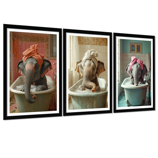 Set de 3 Cuadros de Bebé Elefante Bañandose con Lindos Animales Coloridos, Ilustración para Decorar, Wallart para Inodoro, Ducha, Baño, Aseo, WC
